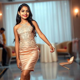 A fashionable Indian teenage girl, around 14 years old, confidently showcasing a sexy lace appliques short prom dress with a bodycon fit, made of luxurious satin