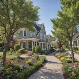 Envision a dreamlike community, featuring idyllic houses, blooming gardens, children playing, and friendly neighbors. The dynamic streets are filled with positivity, cleanliness, and creativity is in the air, creating a sense of harmony.