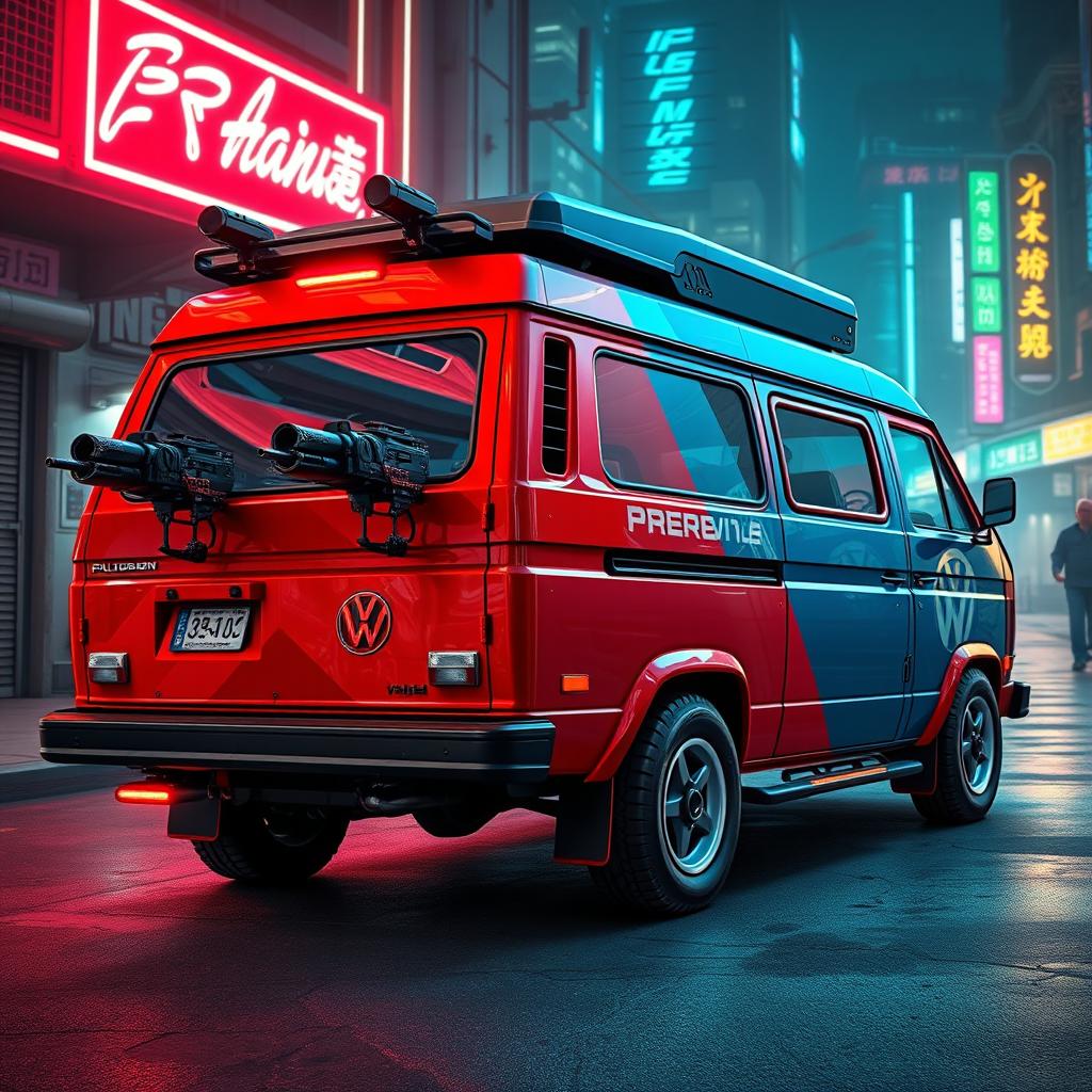 A rugged 1984 Volkswagen Vanagon in striking red and blue colors with reinforced plating, captured from a rear side view
