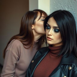 Two women kissing each other behind a wall