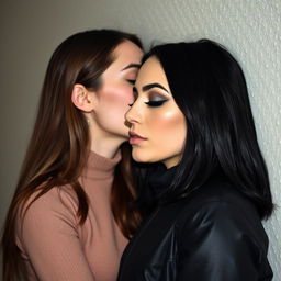 Two women kissing each other behind a wall