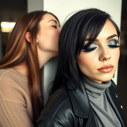 Two women kissing each other behind a wall