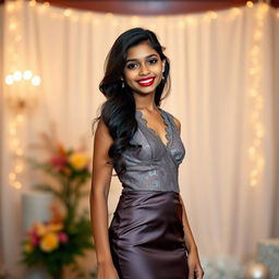 A confident Indian teenage girl, around 14 years old, wearing a sexy lace appliques short prom dress with a bodycon fit crafted from shimmering satin