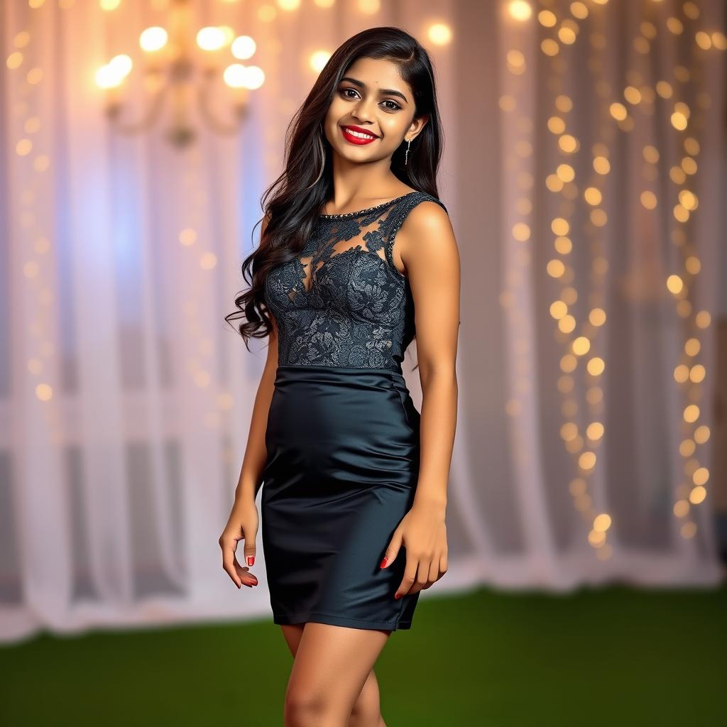 A confident Indian teenage girl, around 14 years old, wearing a sexy lace appliques short prom dress with a bodycon fit crafted from shimmering satin