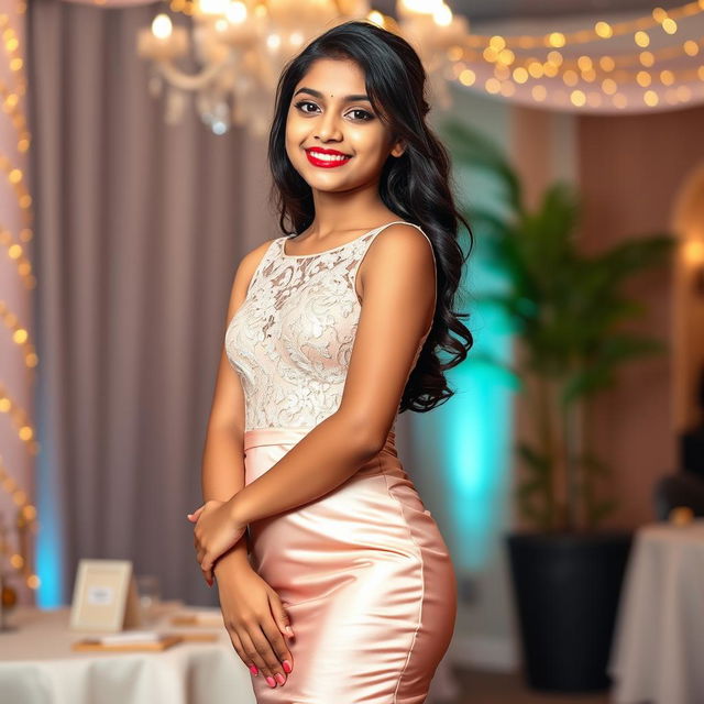 A confident Indian teenage girl, around 14 years old, wearing a sexy lace appliques short prom dress with a bodycon fit crafted from shimmering satin