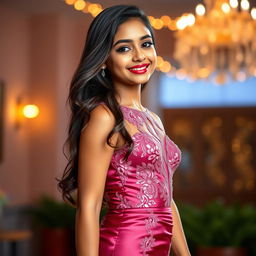 A confident Indian teenage girl, around 14 years old, wearing a sexy lace appliques short prom dress with a bodycon fit crafted from shimmering satin