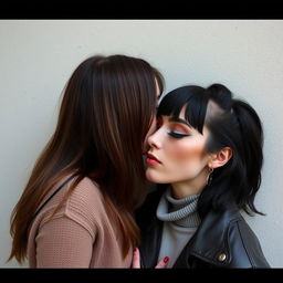 Two women kissing each other behind a wall