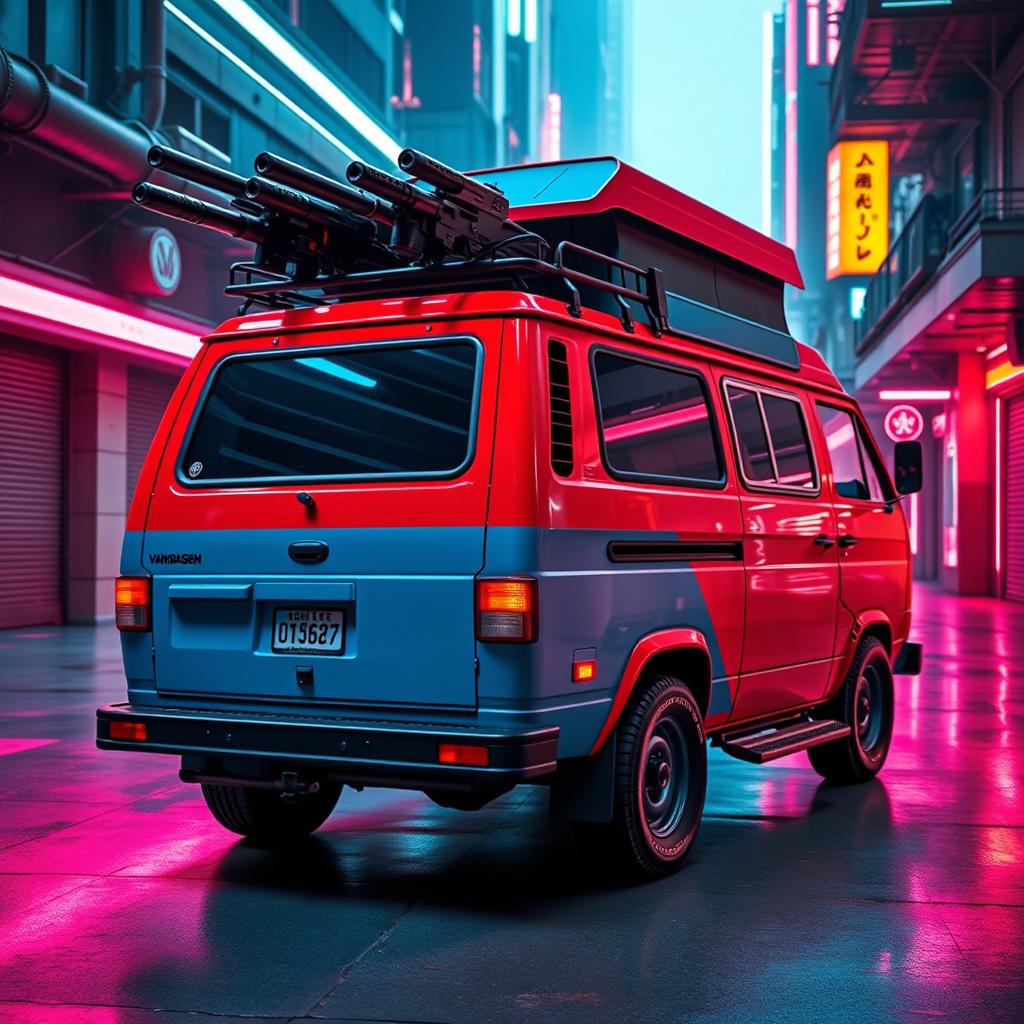 A rugged 1984 Volkswagen Vanagon in striking red and blue colors with reinforced plating, captured from a rear side view