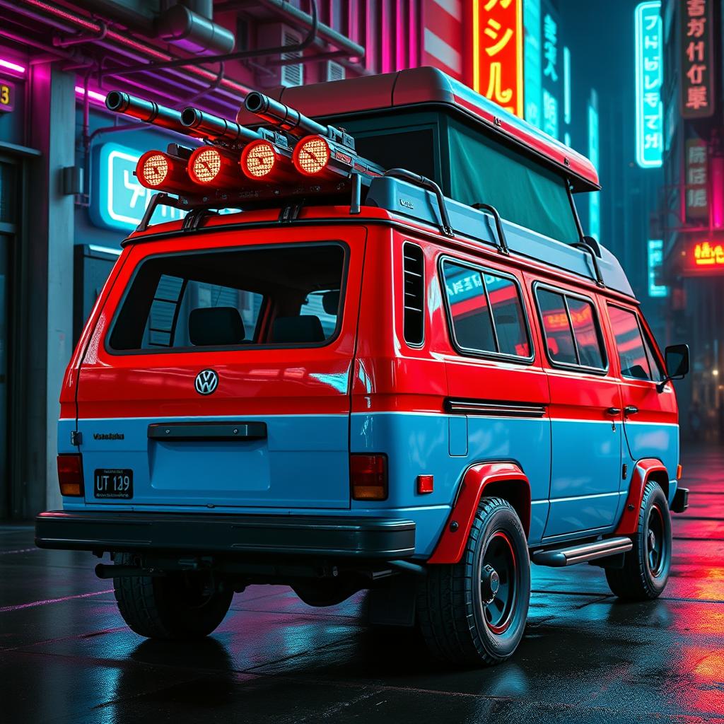 A rugged 1984 Volkswagen Vanagon in striking red and blue colors with reinforced plating, captured from a rear side view