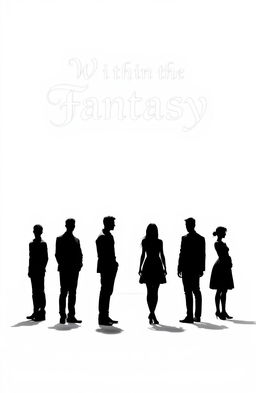 A vast and pure white space featuring seven individuals in silhouette form, with five men and two women standing facing forward