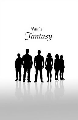 A vast and pure white space featuring seven individuals in silhouette form, with five men and two women standing facing forward