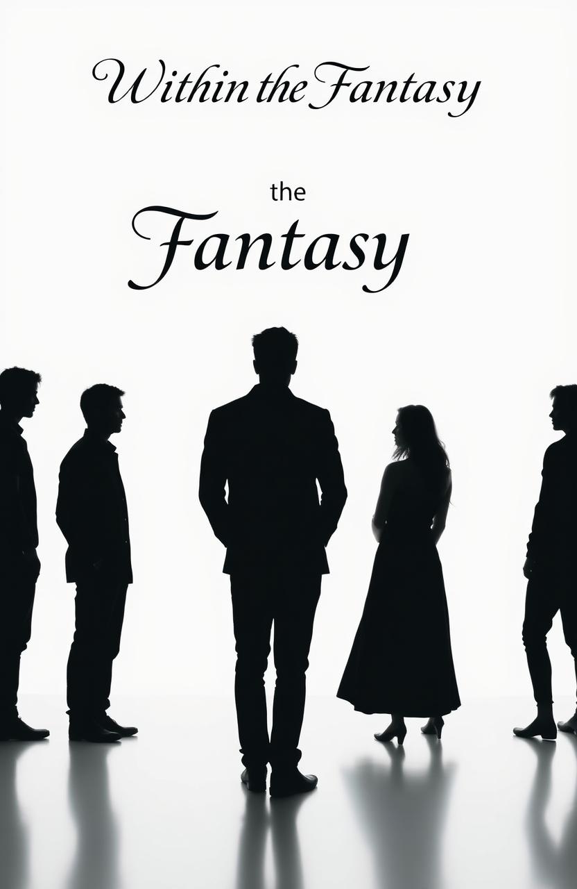 A vast and pure white space featuring seven individuals in silhouette form, with five men and two women standing facing forward