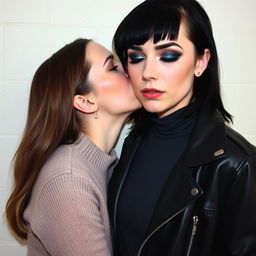 Two women kissing each other behind a wall