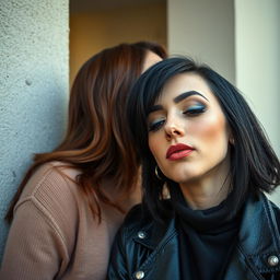 Two women kissing each other behind a wall