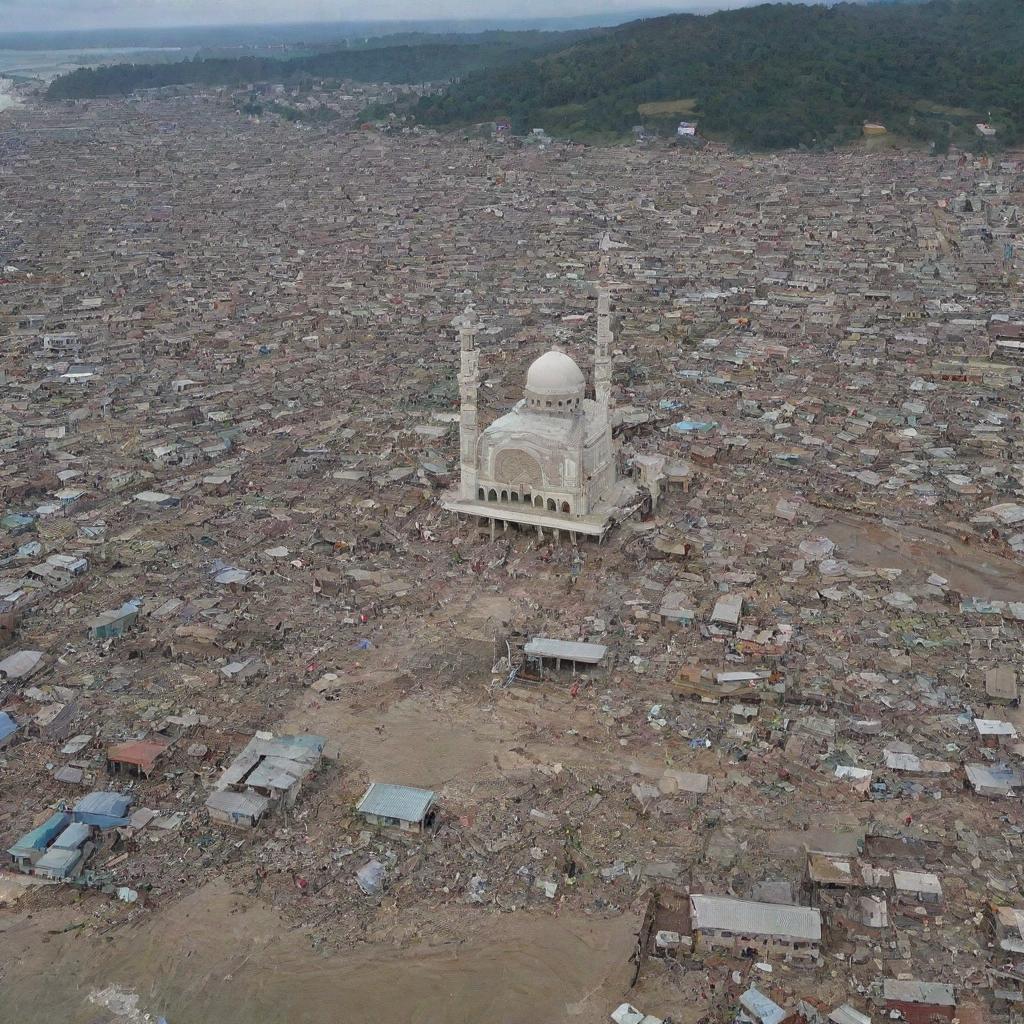 The previously bustling city is now struck by a tsunami, houses in debris, yet the beautiful mosque stand resilient and untouched amidst the chaos