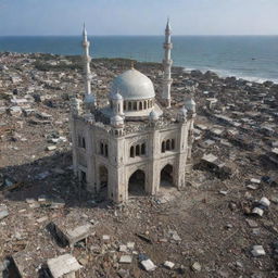 The previously bustling city is now struck by a tsunami, houses in debris, yet the beautiful mosque stand resilient and untouched amidst the chaos