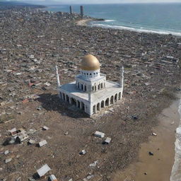 The previously bustling city is now struck by a tsunami, houses in debris, yet the beautiful mosque stand resilient and untouched amidst the chaos