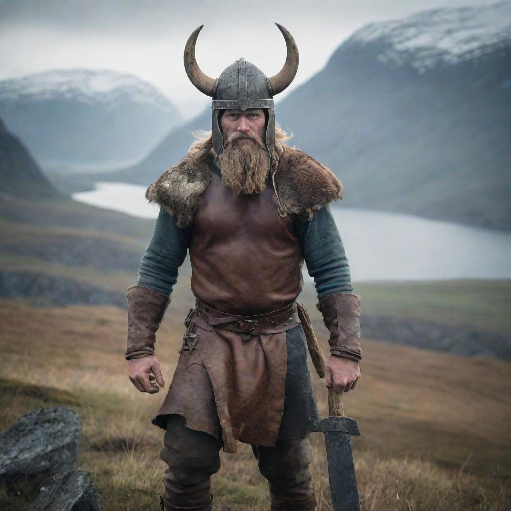 A resilient Viking man, equipped with a horned helmet and an intricate axe, in a rugged Nordic landscape.