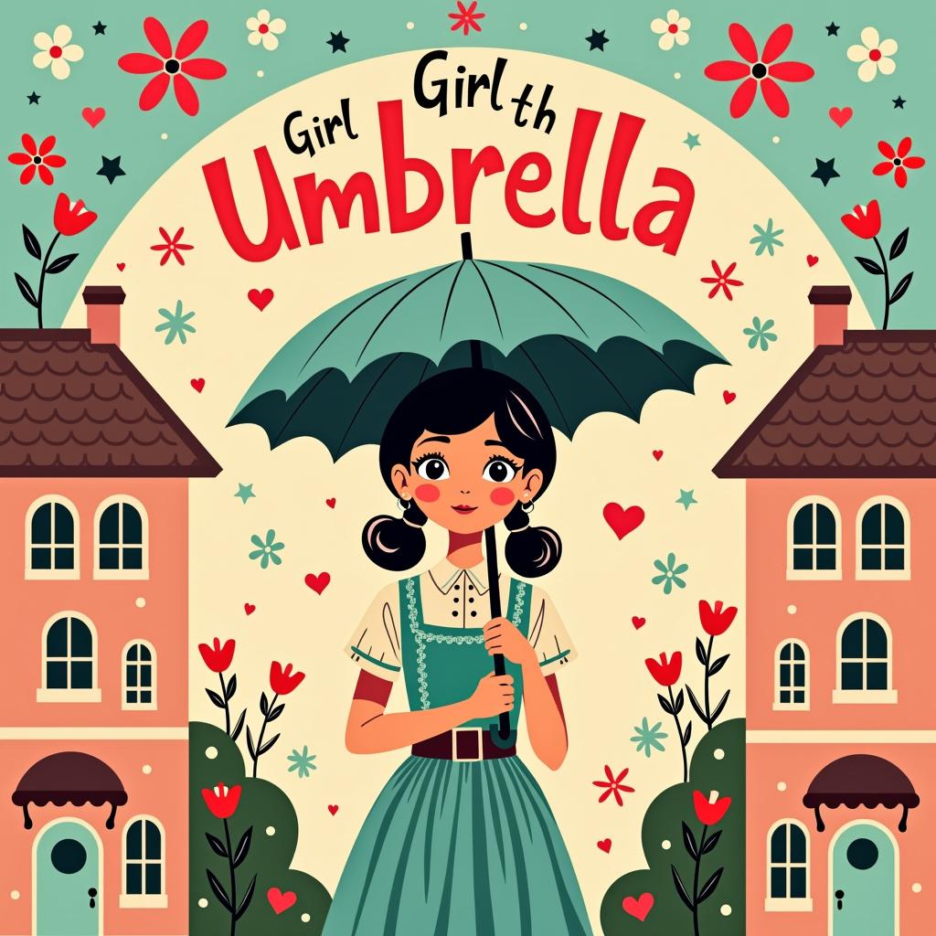 A whimsical and colorful movie poster inspired by Wes Anderson, titled 'Girl with Umbrella'