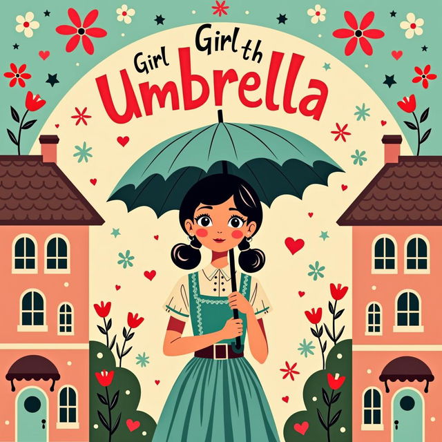 A whimsical and colorful movie poster inspired by Wes Anderson, titled 'Girl with Umbrella'