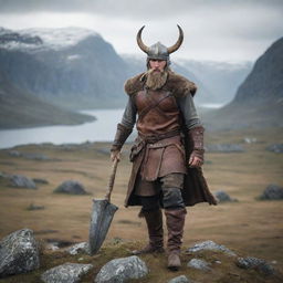 A resilient Viking man, equipped with a horned helmet and an intricate axe, in a rugged Nordic landscape.