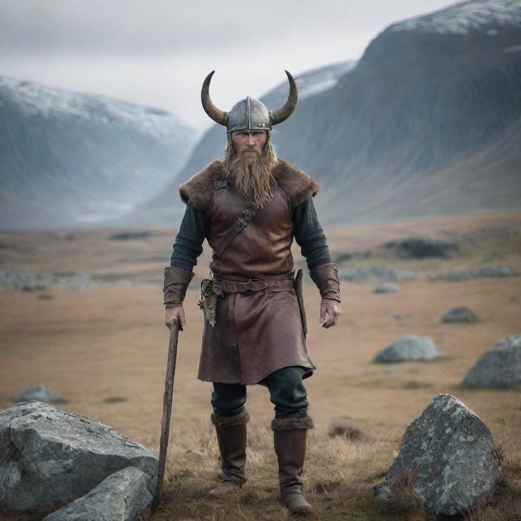 A resilient Viking man, equipped with a horned helmet and an intricate axe, in a rugged Nordic landscape.