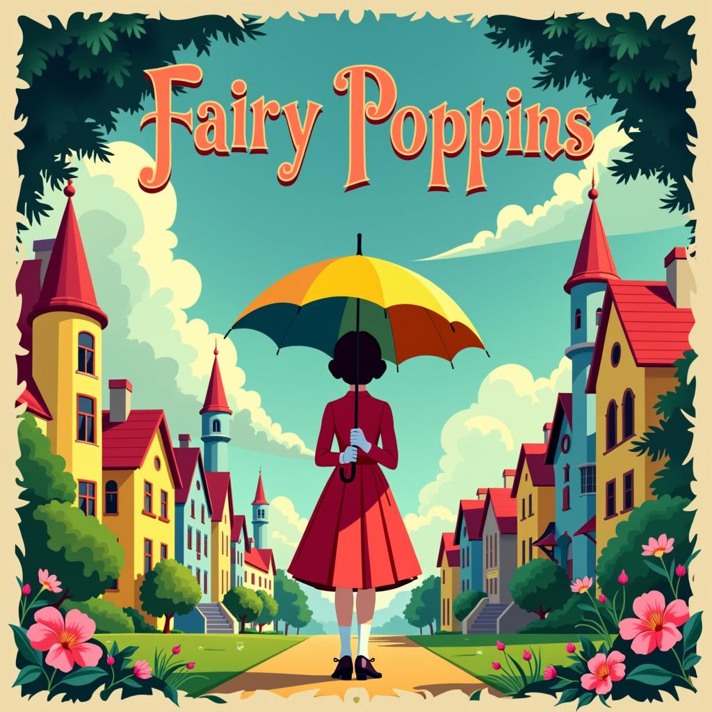 A beautiful and artistic movie poster inspired by the style of Wes Anderson, featuring a whimsical girl holding a brightly colored umbrella