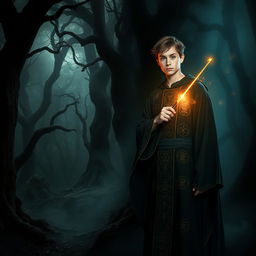 A 16-year-old young male wizard standing in a dark, mysterious forest, wearing a long flowing robe adorned with intricate magical symbols