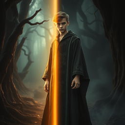 A 16-year-old young male wizard standing in a dark, mysterious forest, wearing a long flowing robe adorned with intricate magical symbols