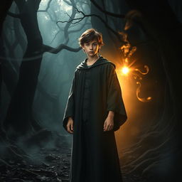 A 16-year-old young male wizard standing in a dark, mysterious forest, wearing a long flowing robe adorned with intricate magical symbols