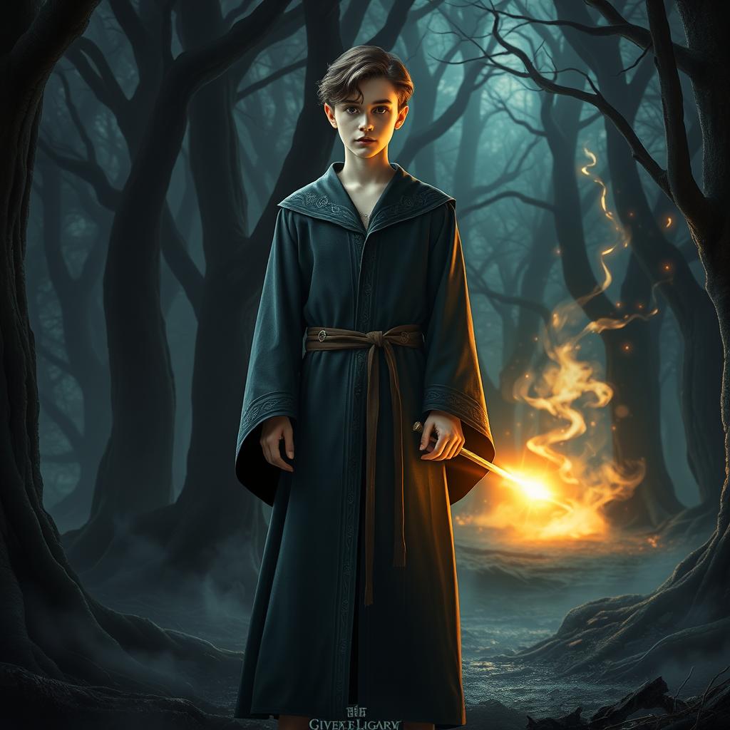 A 16-year-old young male wizard standing in a dark, mysterious forest, wearing a long flowing robe adorned with intricate magical symbols