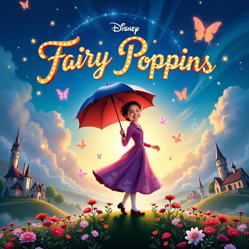 An artistic movie poster featuring a beautiful girl with a colorful umbrella, standing in a magical, whimsical landscape