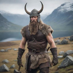 A resilient Viking man, equipped with a horned helmet and an intricate axe, in a rugged Nordic landscape.