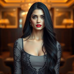 A stunning portrait of an elegant woman inspired by Kriti Sanon, with long flowing black hair cascading over her shoulders