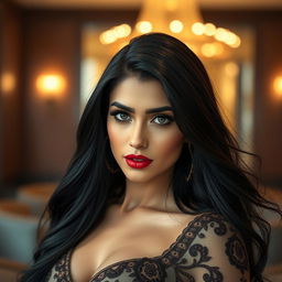 A stunning portrait of an elegant woman inspired by Kriti Sanon, with long flowing black hair cascading over her shoulders