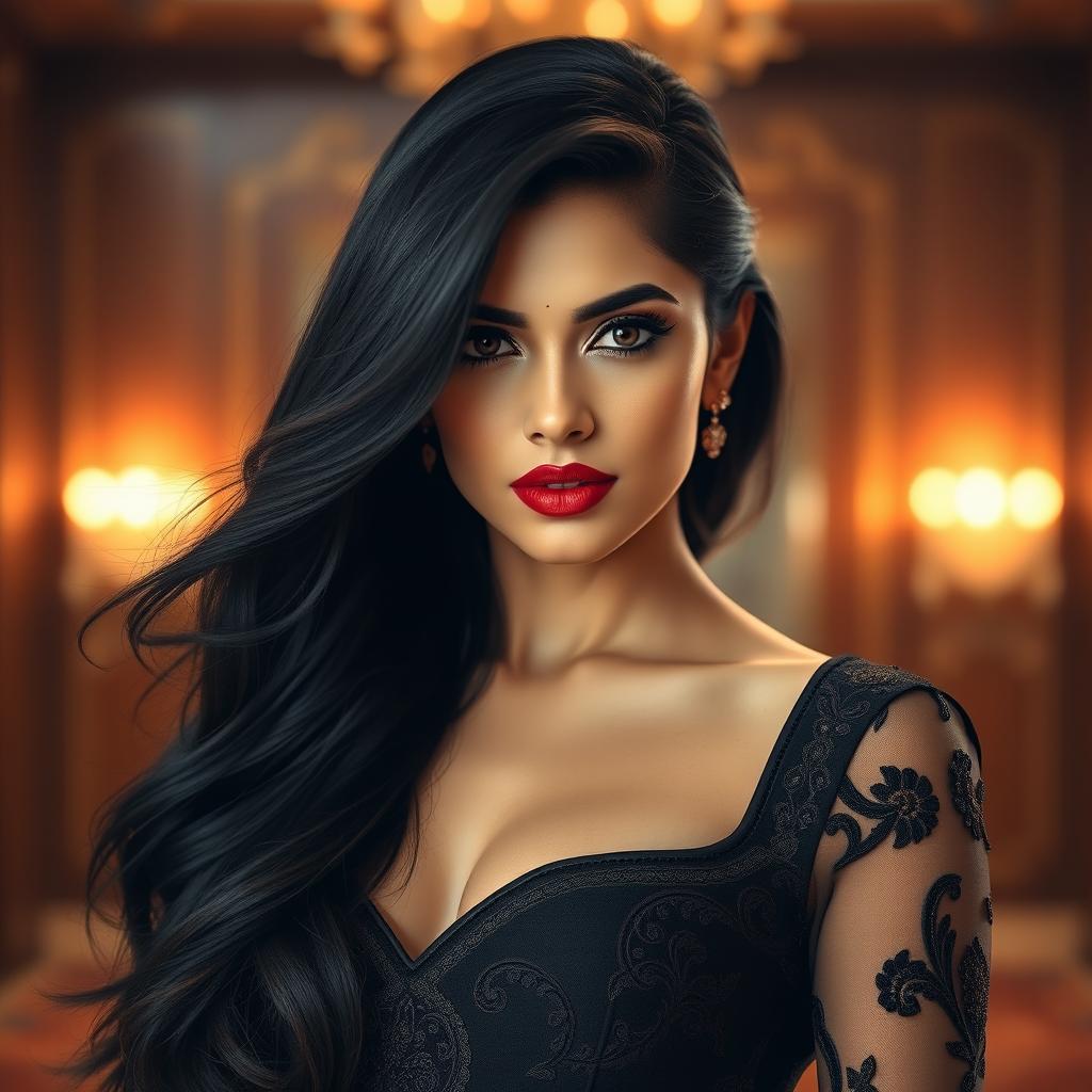 A stunning portrait of an elegant woman inspired by Kriti Sanon, with long flowing black hair cascading over her shoulders