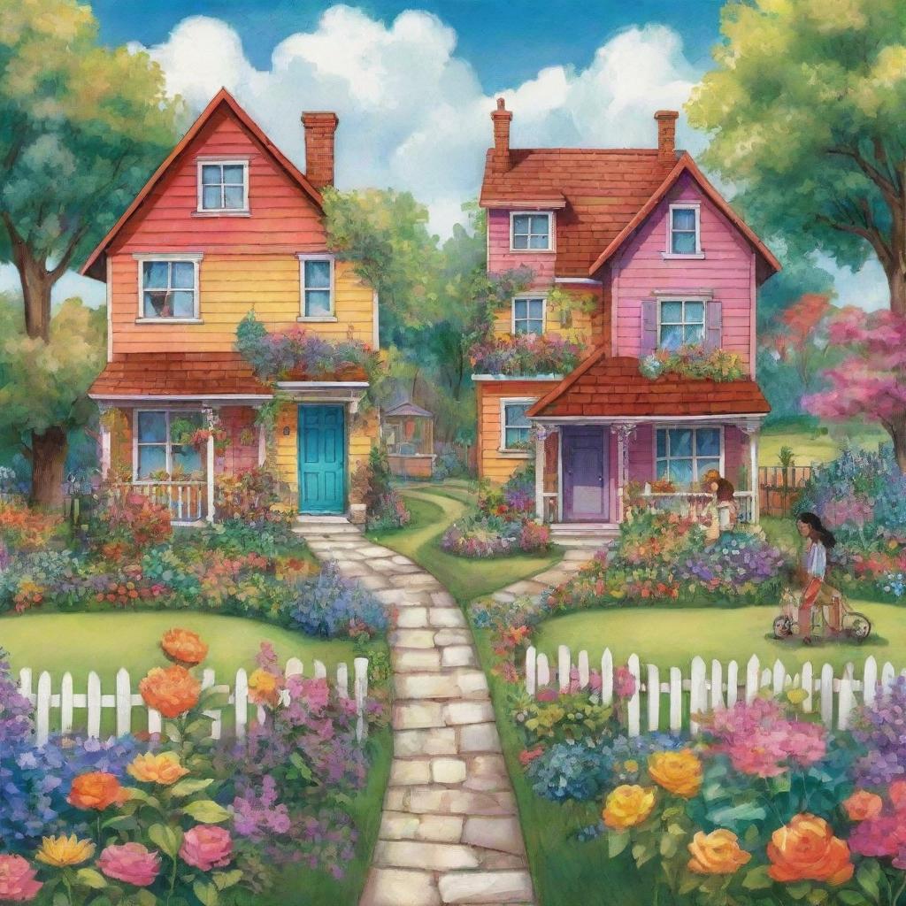 Create a digital illustration of a dreamlike community. This community includes picturesque houses, lush, blooming gardens, joyful children playing, and engaging neighbors. Vivid colors and imaginative elements enhances its surreal beauty.