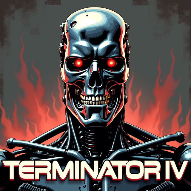 A beautiful vintage movie poster for 'Terminator IV', featuring a formidable cyborg Terminator with glowing red eyes, exuding an aura of mystery and power