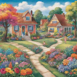 Create a digital illustration of a dreamlike community. This community includes picturesque houses, lush, blooming gardens, joyful children playing, and engaging neighbors. Vivid colors and imaginative elements enhances its surreal beauty.