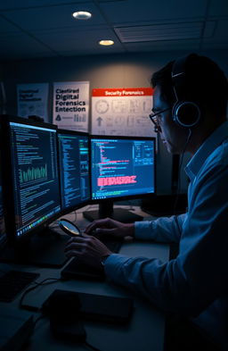 A digital forensics investigator working at a high-tech lab, analyzing a computer screen filled with lines of code and digital data