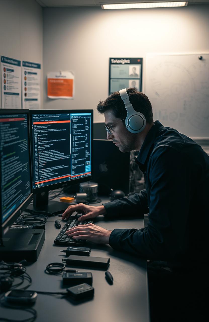 A digital forensics investigator working at a high-tech lab, analyzing a computer screen filled with lines of code and digital data