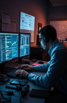 A digital forensics investigator working at a high-tech lab, analyzing a computer screen filled with lines of code and digital data