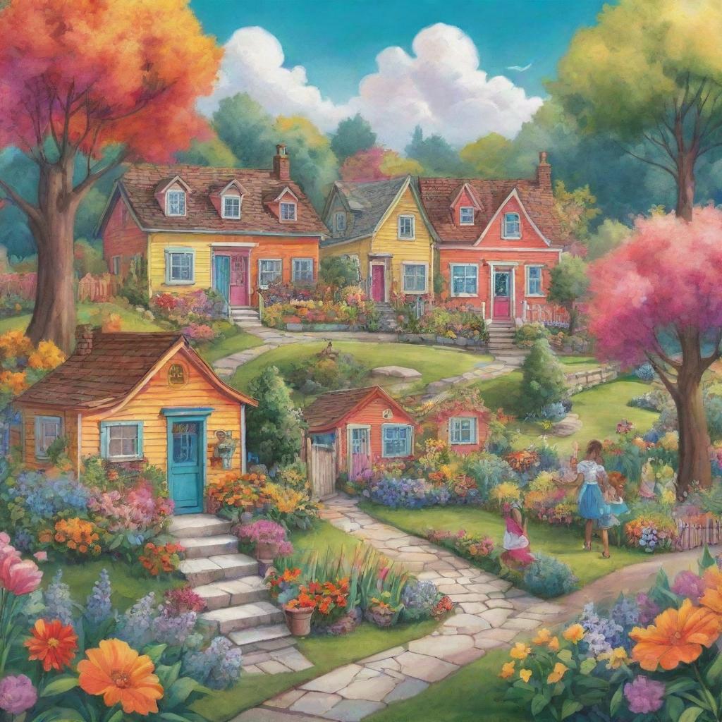 Create a digital illustration of a dreamlike community. This community includes picturesque houses, lush, blooming gardens, joyful children playing, and engaging neighbors. Vivid colors and imaginative elements enhances its surreal beauty.