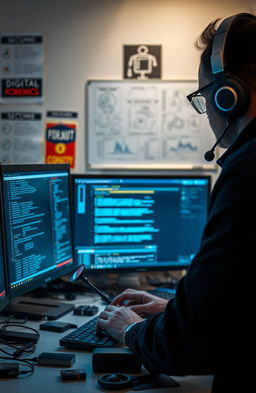 A digital forensics investigator working at a high-tech lab, analyzing a computer screen filled with lines of code and digital data