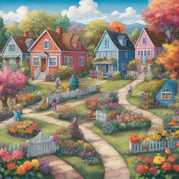 Create a digital illustration of a dreamlike community. This community includes picturesque houses, lush, blooming gardens, joyful children playing, and engaging neighbors. Vivid colors and imaginative elements enhances its surreal beauty.