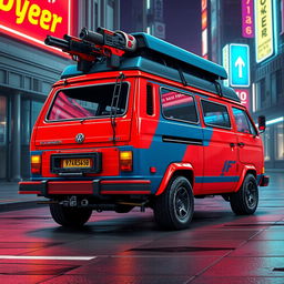 A rugged 1984 Volkswagen Vanagon in striking red and blue colors adorned with reinforced plating, captured from a rear side view