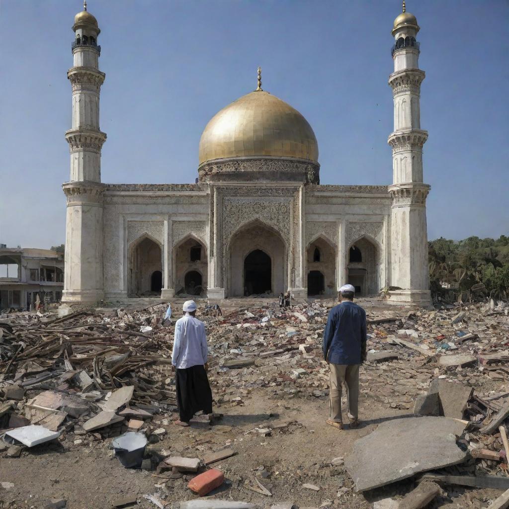 In the aftermath of the tsunami, amongst the city debris, people are visibly injured and in distress, shedding tears, with the resilient mosque still standing untouched.