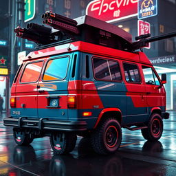 A rugged 1984 Volkswagen Vanagon in bold red and blue colors, featuring reinforced plating, captured from a rear side view