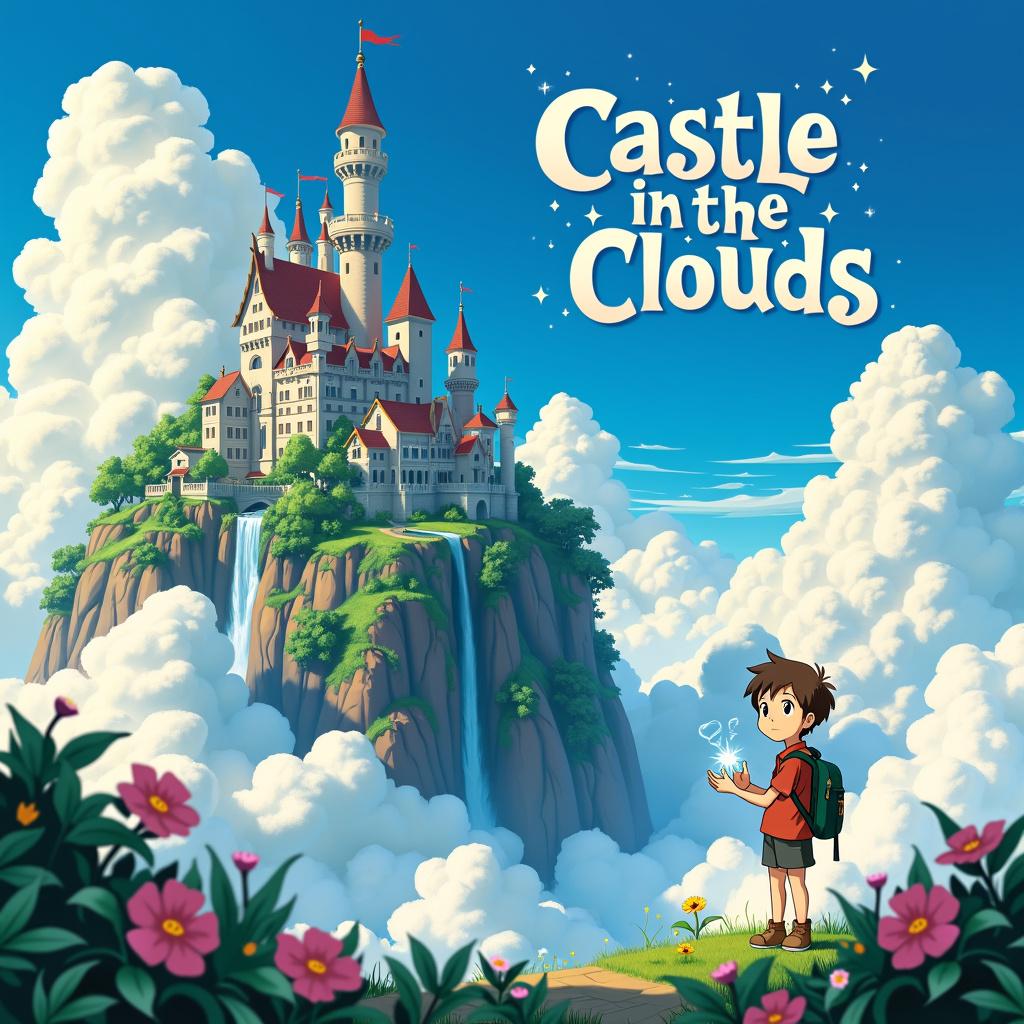 A beautiful anime movie poster inspired by Studio Ghibli, titled 'Castle in the Clouds'