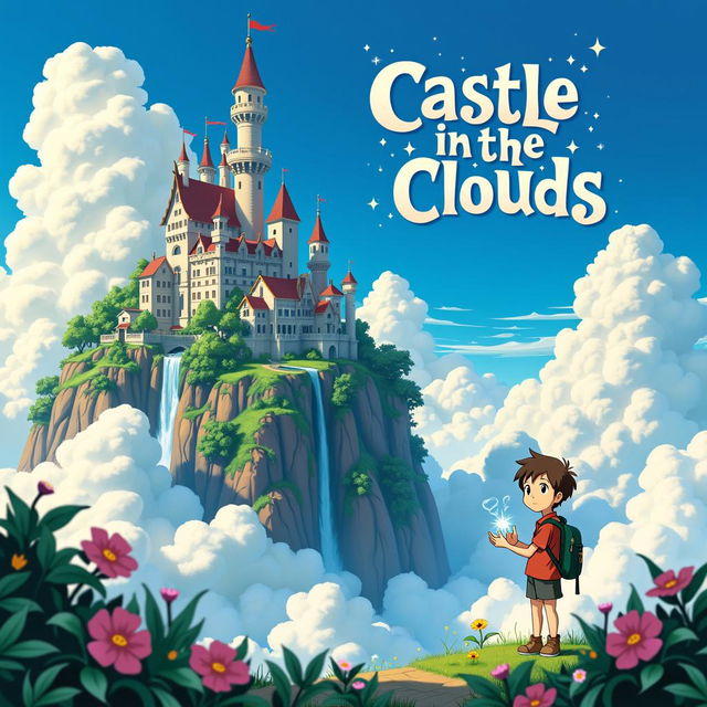 A beautiful anime movie poster inspired by Studio Ghibli, titled 'Castle in the Clouds'